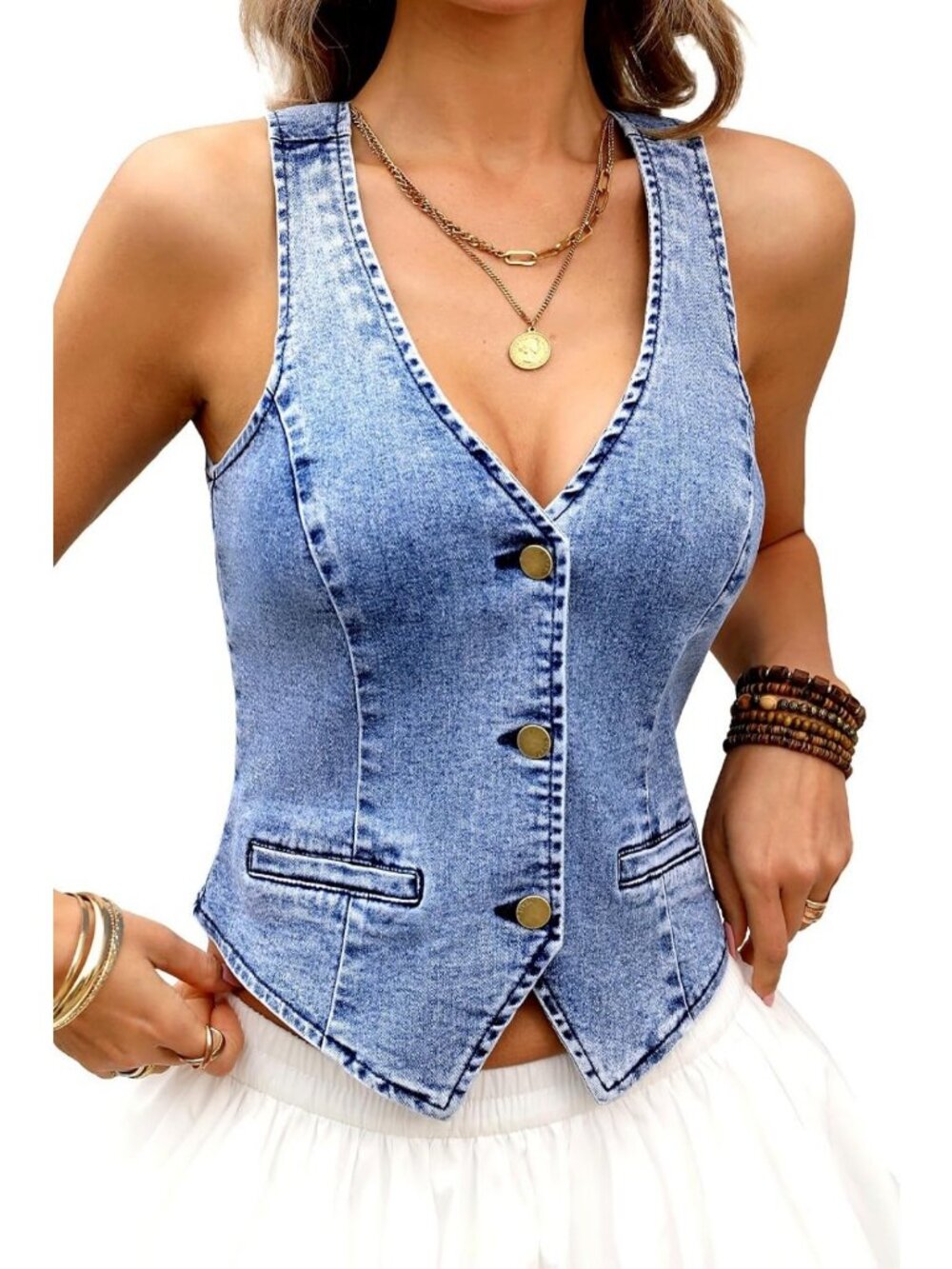 Summer Cropped Denim Vest for Women | Western Style with Faux Pockets